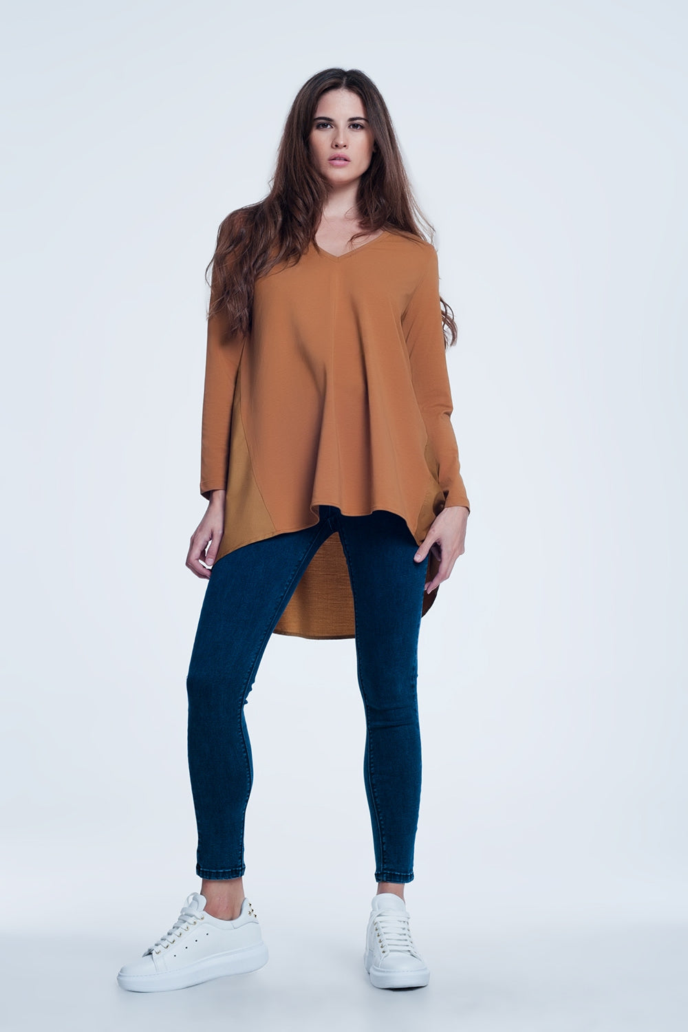 Two Fabric Long Brown Tshirt