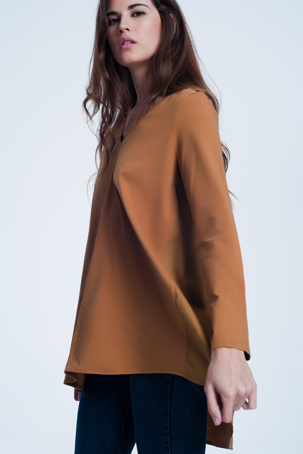 Two Fabric Long Brown Tshirt