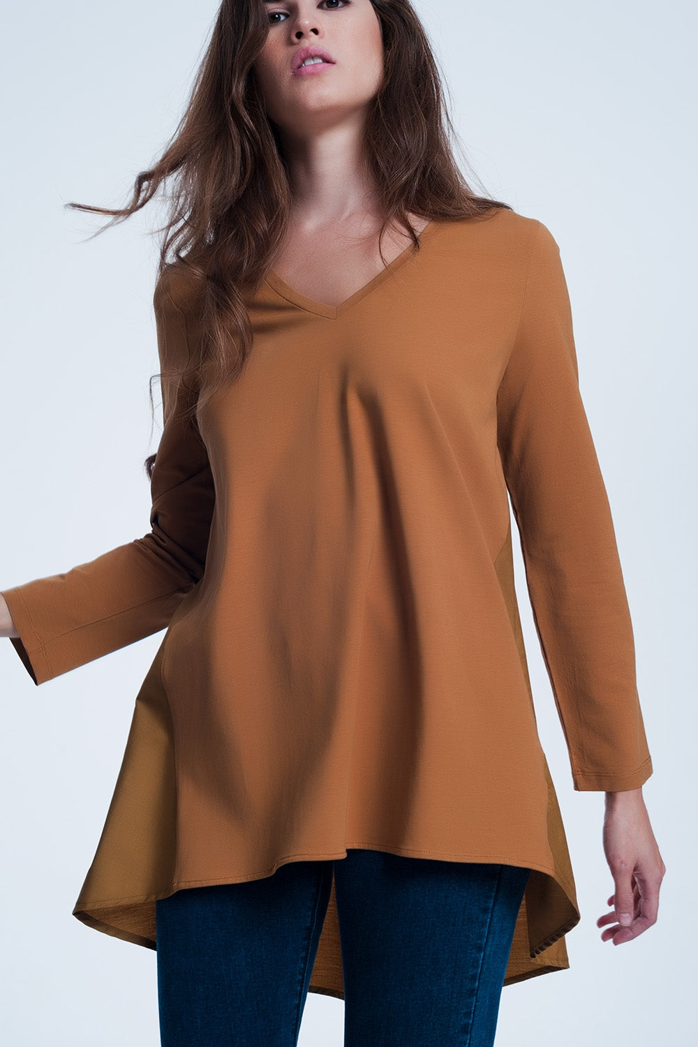 Two Fabric Long Brown Tshirt