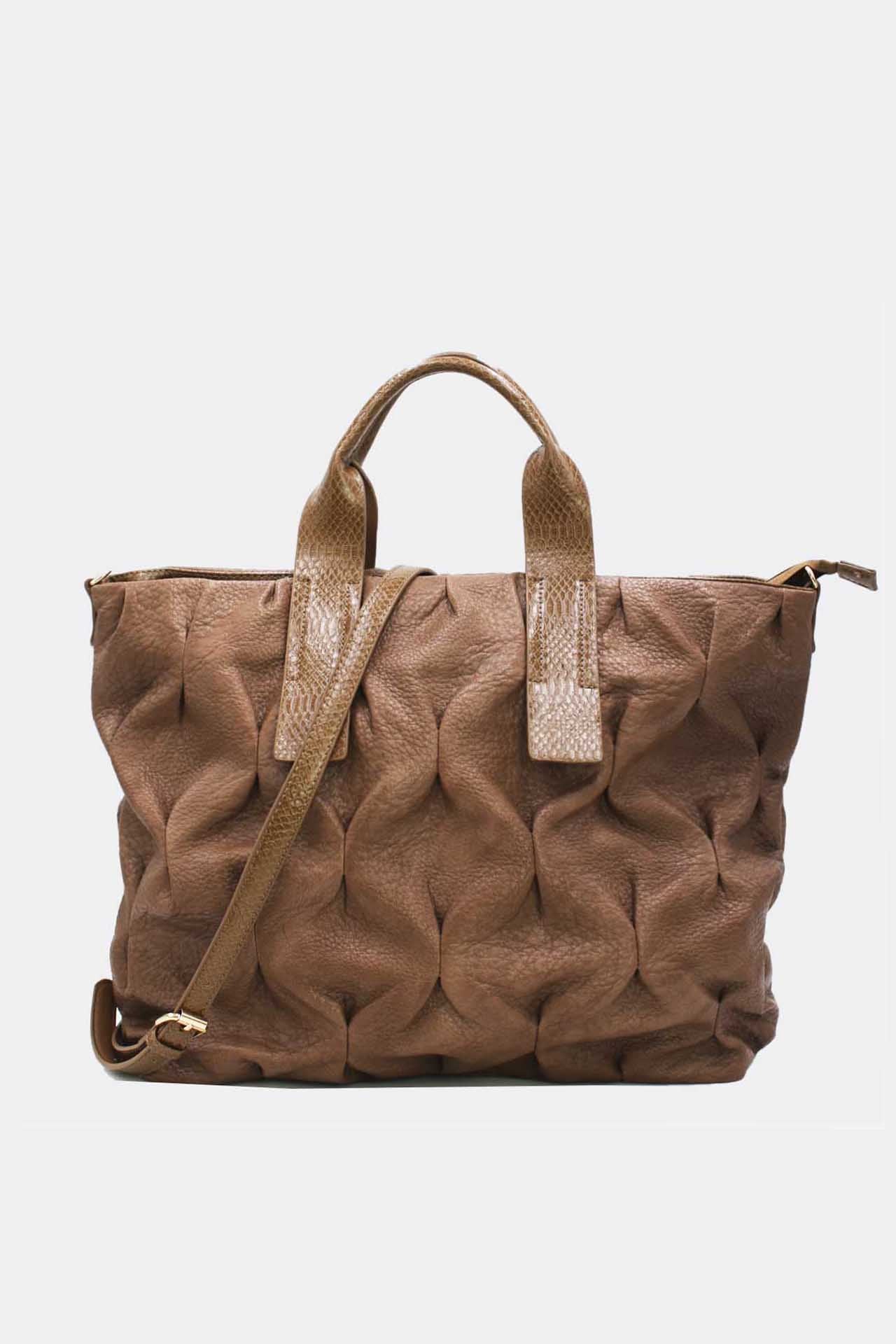 Ruched Tote Bag: Brown