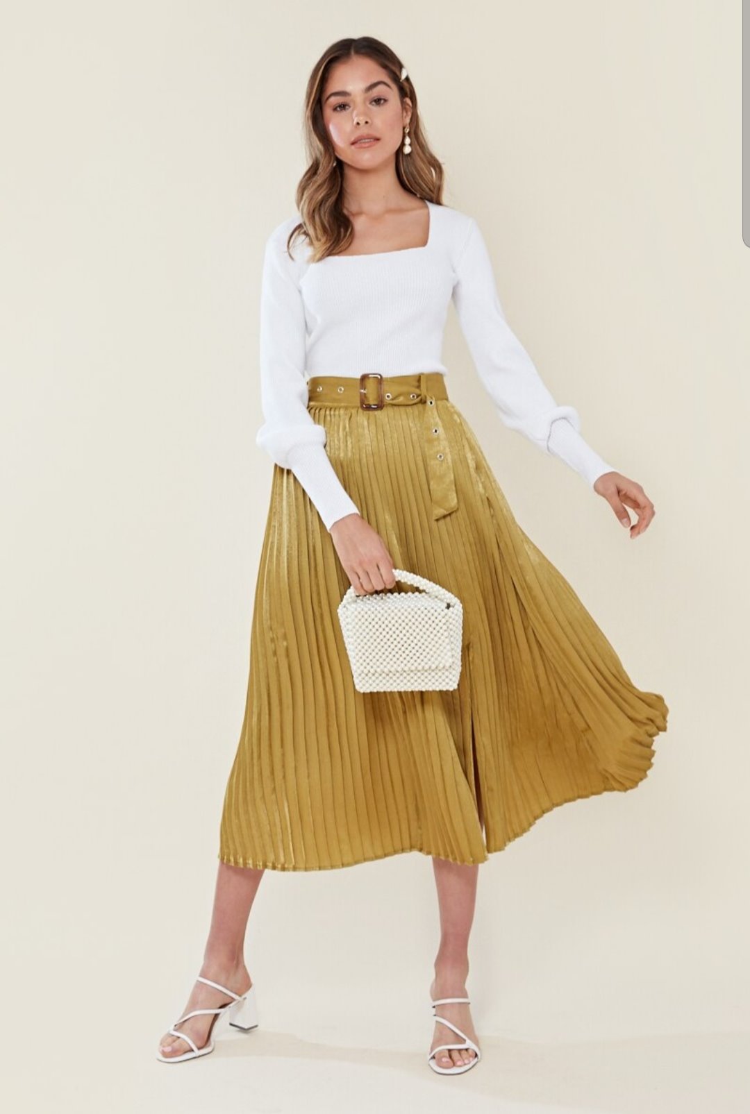 Olive Satin Belted Pleat Midi Skirt
