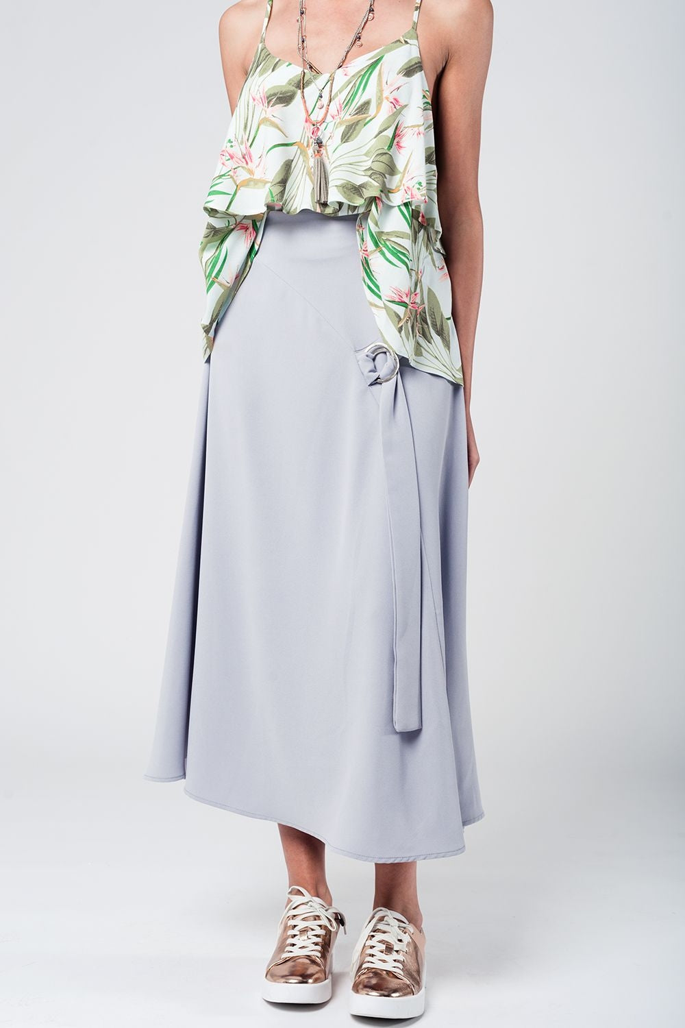 Grey Midi Skirt with Belt